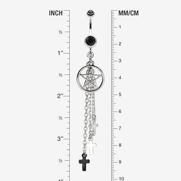 Detail View 1 of Pentagram Triple Cross Charm Dangle Belly Ring-Black